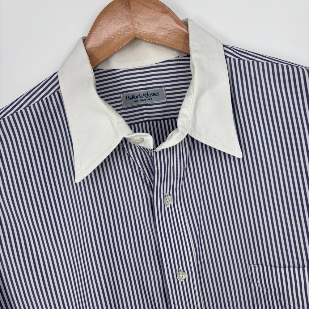 VTG Bullock & Jones Contrast Collar Dress Shirt Mens 17-36 Blue Striped *FLAW